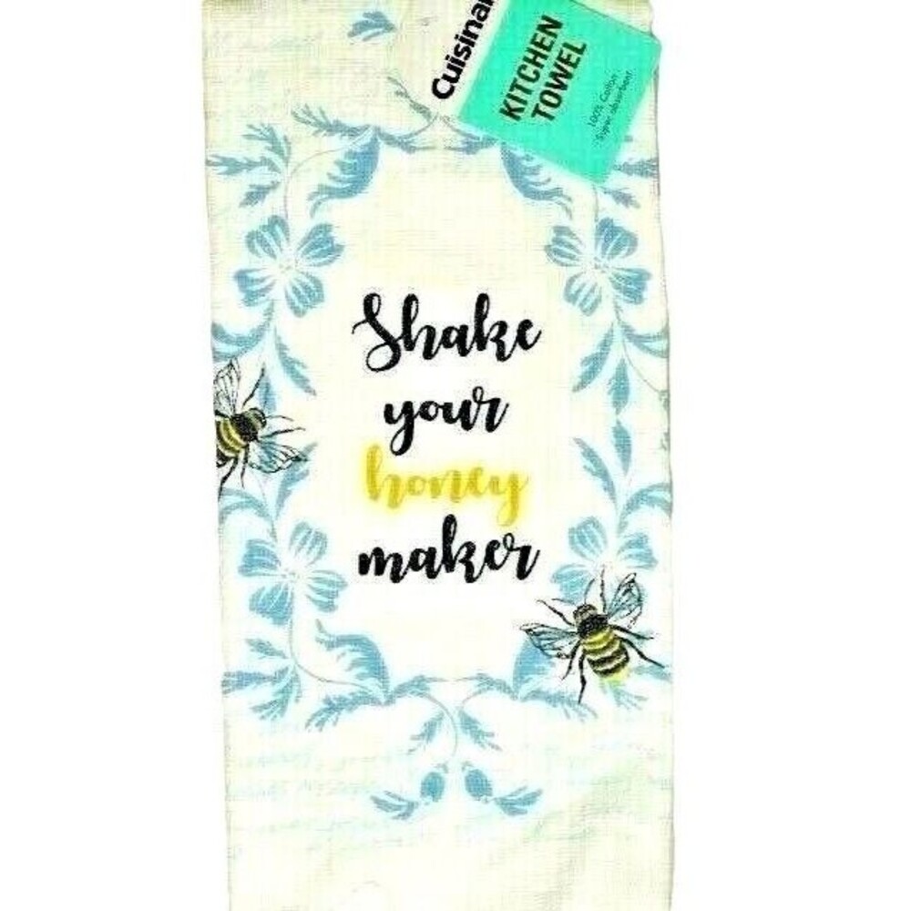 Shake Your Honey Maker Kitchen Tea Towels 2-pc Blue Floral Bee Cotton 16 x 28-in